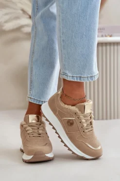 Clearance Boto Buty Sportowe Damskie Ocieplane Futerkiem Na Platformie Khaki Lerisas