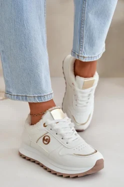 Boto Sneakersy Damskie*Buty Sportowe Damskie Ocieplane Futerkiem Na Platformie Białe Lerisas
