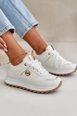 Boto Sneakersy Damskie*Buty Sportowe Damskie Ocieplane Futerkiem Na Platformie Białe Lerisas