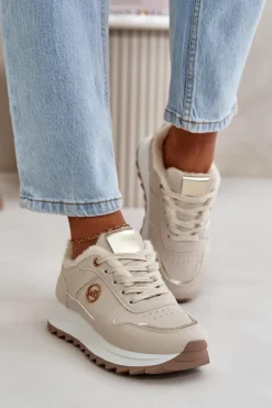 Boto Sneakersy Damskie*Buty Sportowe Damskie Ocieplane Futerkiem Na Platformie Jasnobeżowe Lerisas