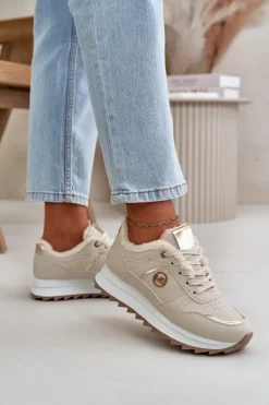 Boto Sneakersy Damskie*Buty Sportowe Damskie Ocieplane Futerkiem Na Platformie Jasnobeżowe Lerisas