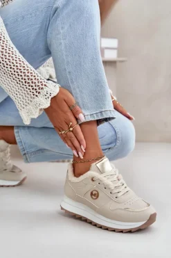 Boto Sneakersy Damskie*Buty Sportowe Damskie Ocieplane Futerkiem Na Platformie Jasnobeżowe Lerisas