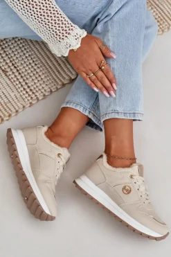 Boto Sneakersy Damskie*Buty Sportowe Damskie Ocieplane Futerkiem Na Platformie Jasnobeżowe Lerisas