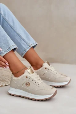 Boto Sneakersy Damskie*Buty Sportowe Damskie Ocieplane Futerkiem Na Platformie Jasnobeżowe Lerisas