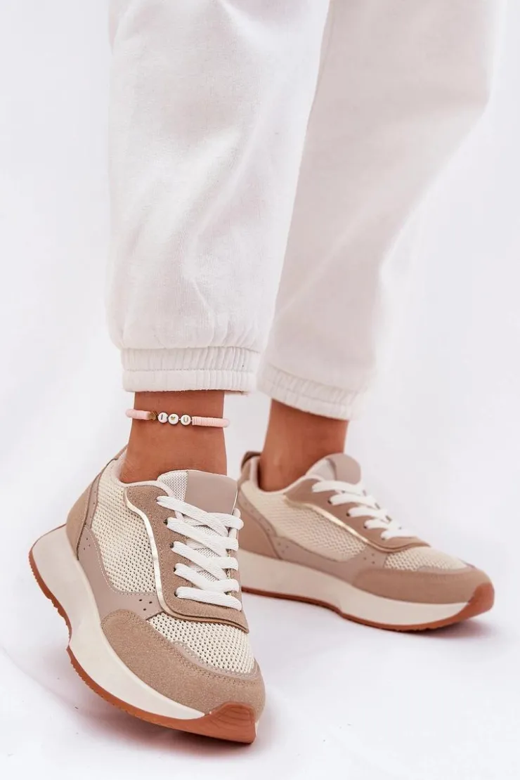 Boto Buty Sportowe Na Platformie|Sneakersy Damskie*Buty Sportowe Damskie Z Siateczką Na Platformie Khaki Poova Beżowy