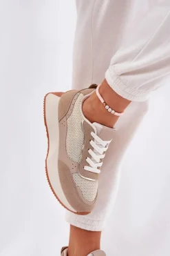 Boto Buty Sportowe Na Platformie|Sneakersy Damskie*Buty Sportowe Damskie Z Siateczką Na Platformie Khaki Poova Beżowy