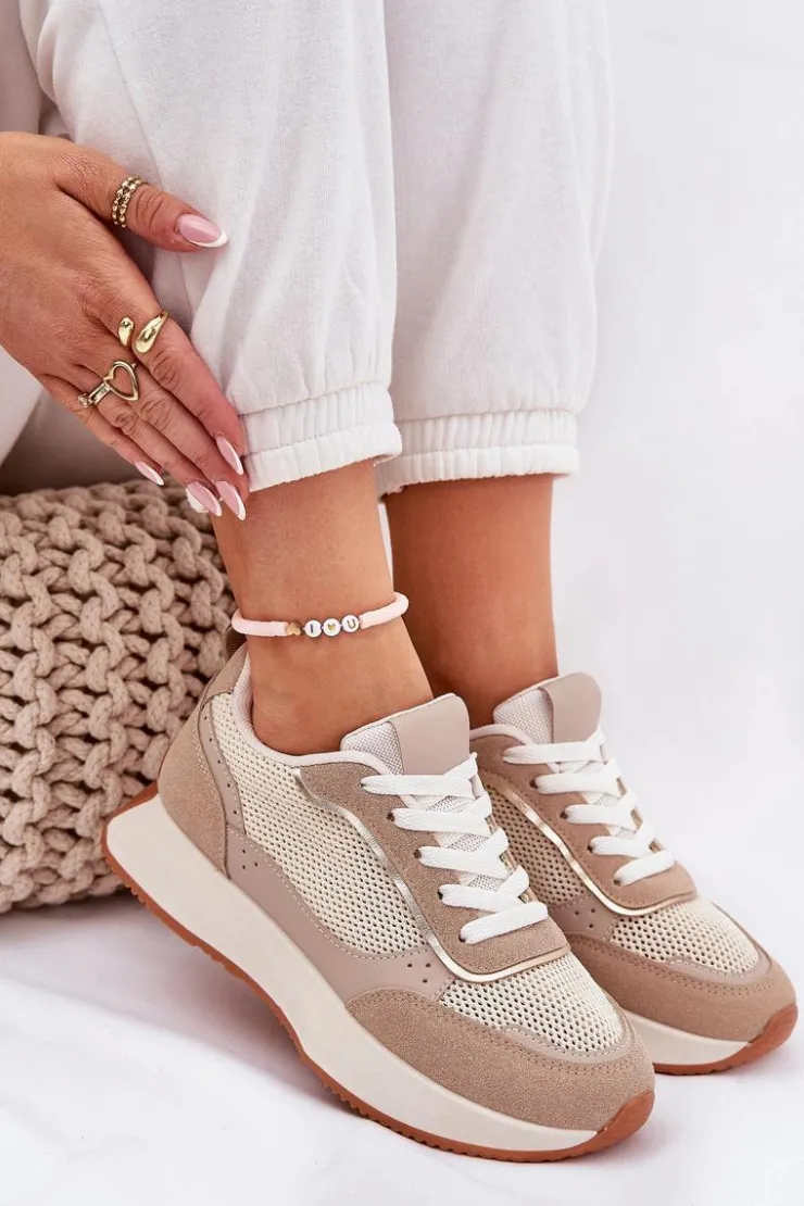 Boto Buty Sportowe Na Platformie|Sneakersy Damskie*Buty Sportowe Damskie Z Siateczką Na Platformie Khaki Poova Beżowy
