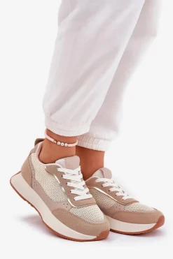 Boto Buty Sportowe Na Platformie|Sneakersy Damskie*Buty Sportowe Damskie Z Siateczką Na Platformie Khaki Poova Beżowy