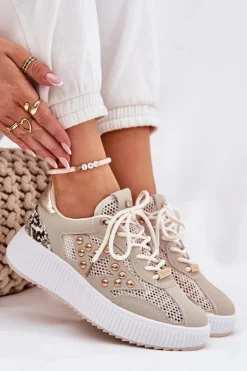 Damskie Boto Buty Sportowe Damskie Z Siateczką I Ćwiekami Beżowe Ogalda