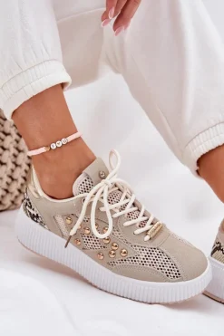 Damskie Boto Buty Sportowe Damskie Z Siateczką I Ćwiekami Beżowe Ogalda