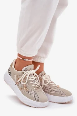 Damskie Boto Buty Sportowe Damskie Z Siateczką I Ćwiekami Beżowe Ogalda