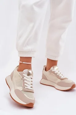 Damskie Boto Buty Sportowe Damskie Z Siateczką Na Platformie Beżowe Poova