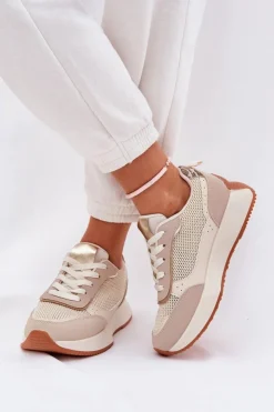 Damskie Boto Buty Sportowe Damskie Z Siateczką Na Platformie Beżowe Poova