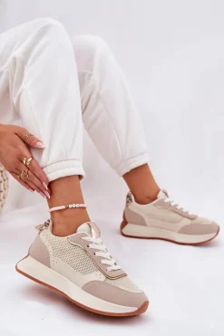 Damskie Boto Buty Sportowe Damskie Z Siateczką Na Platformie Beżowe Poova