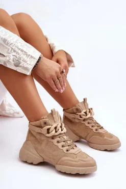 Boto Buty Sportowe Damskie Zamszowe Z Łańcuchem Ciemnobeżowe Tymagio