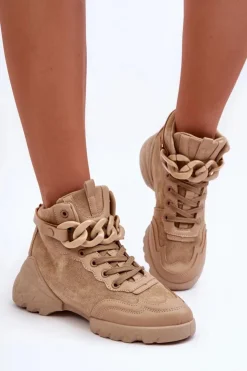 Boto Buty Sportowe Damskie Zamszowe Z Łańcuchem Ciemnobeżowe Tymagio