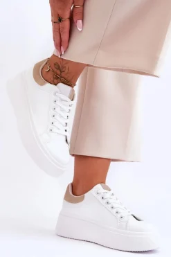 Damskie Boto Buty Sportowe Na Masywnej Platformie Biało-Beżowe Boneti