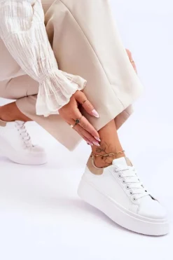 Damskie Boto Buty Sportowe Na Masywnej Platformie Biało-Beżowe Boneti