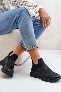 Clearance Artiker Buty Sportowe Na Platformie Skórzane Czarne 55C0035