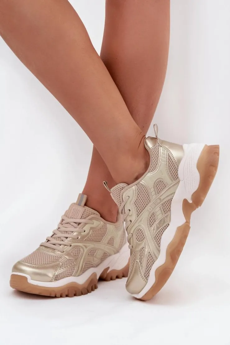 Clearance Big Star Shoes Buty Sportowe Sneakersy Damskie Big Star SS274014 HI-POLY SYSTEM Beżowo-Złote