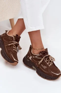 Boto Sneakersy Damskie*Buty Sportowe Sneakersy Damskie Z Podwójnym Sznurowaniem Czekoladowe Annelie