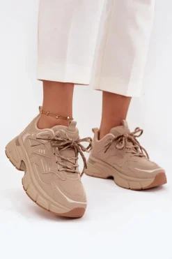 Boto Buty Sportowe Sneakersy Damskie Z Podwójnym Sznurowaniem Beżowe Annelie Beżowy