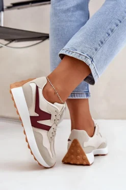 Boto Sneakersy Damskie*Buty Sportowe Sneakersy Damskie Beżowo-Bordowe Britma Beżowy