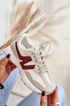 Boto Sneakersy Damskie*Buty Sportowe Sneakersy Damskie Beżowo-Bordowe Britma Beżowy