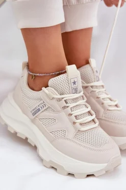 Boto Sneakersy Damskie*Buty Sportowe Sneakersy Damskie Na Grubej Podeszwie Beżowe Prononice Beżowy