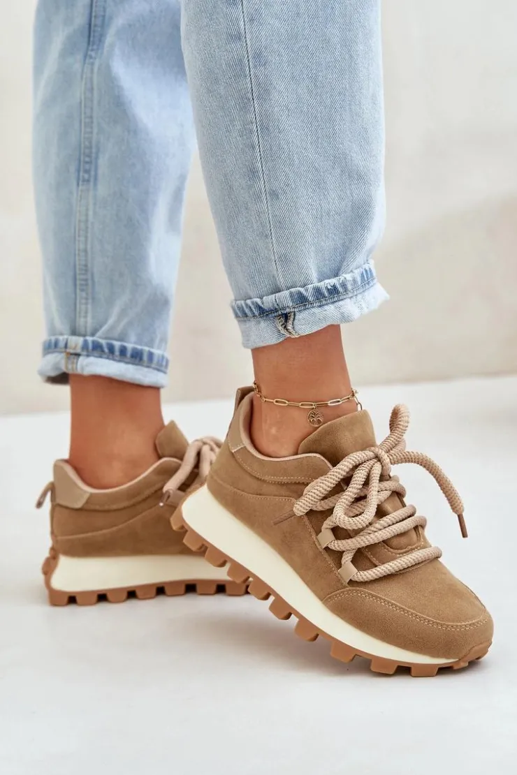 Boto Buty Sportowe Na Platformie|Sneakersy Damskie*Buty Sportowe Sneakersy Na Platformie Z Eko Zamszu Brązowe Riadella