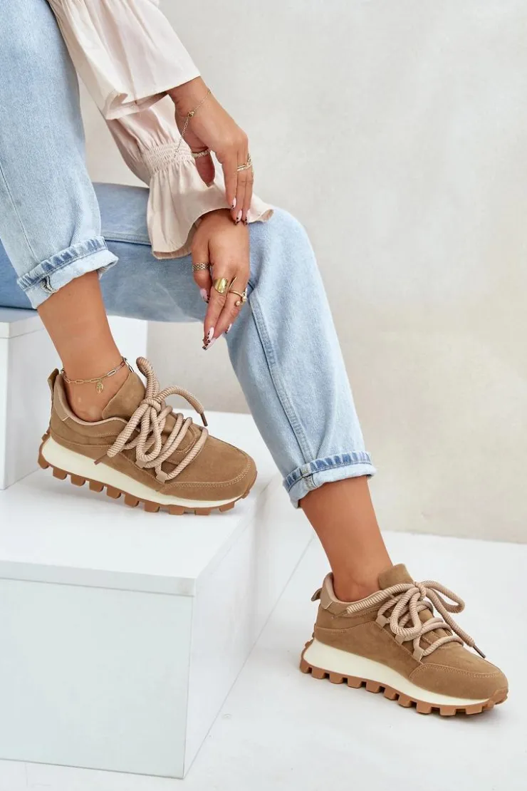 Boto Buty Sportowe Na Platformie|Sneakersy Damskie*Buty Sportowe Sneakersy Na Platformie Z Eko Zamszu Brązowe Riadella