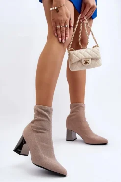 Damskie Boto Błyszczące Botki Na Słupku Beżowe Sognota