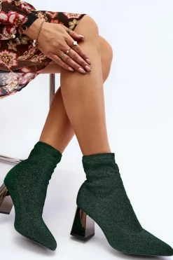 Boto Botki Wiosenne|Botki Na Słupku*Błyszczące Botki Na Słupku Zielone Sognota