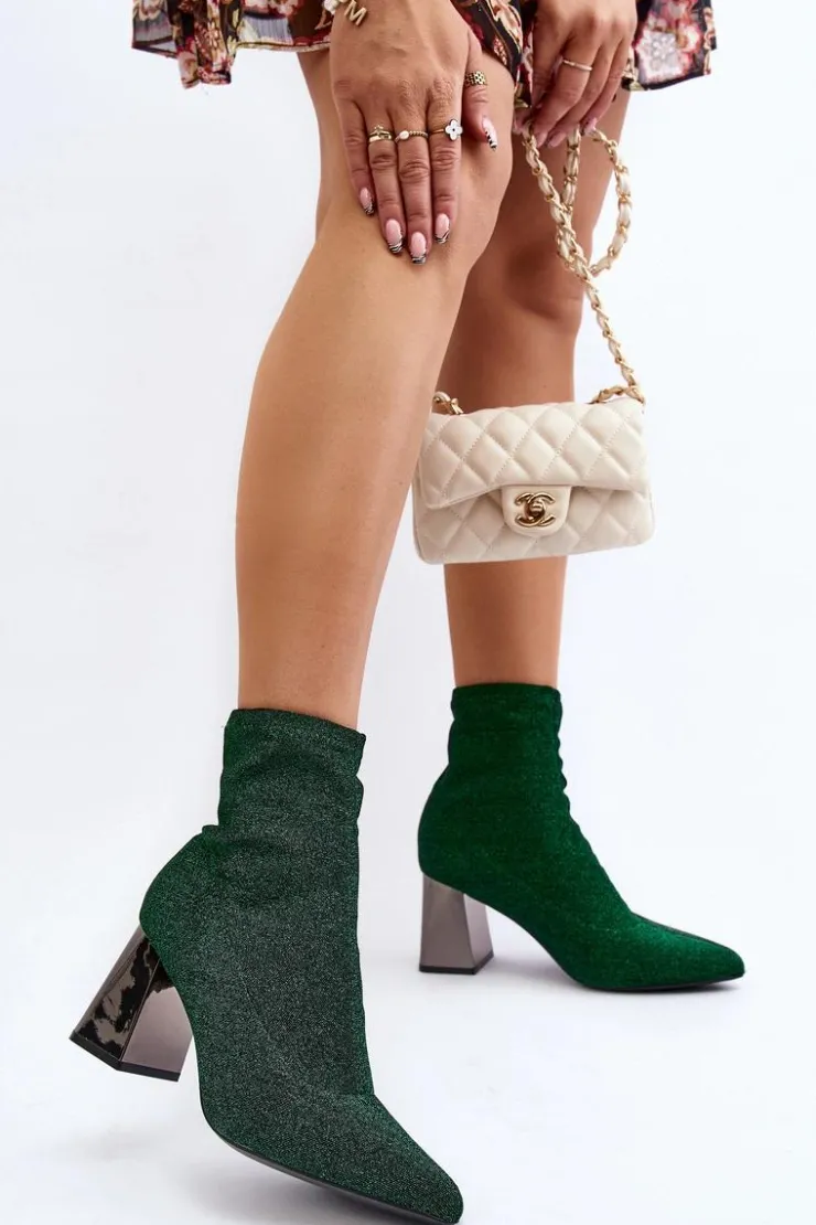 Boto Botki Wiosenne|Botki Na Słupku*Błyszczące Botki Na Słupku Zielone Sognota