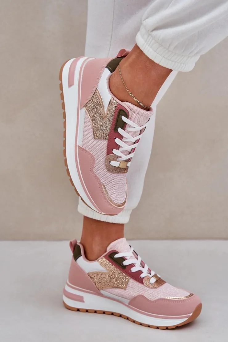 Boto Buty Sportowe Na Platformie|Sneakersy Damskie*Błyszczące Buty Sportowe Damskie Różowe Leesema