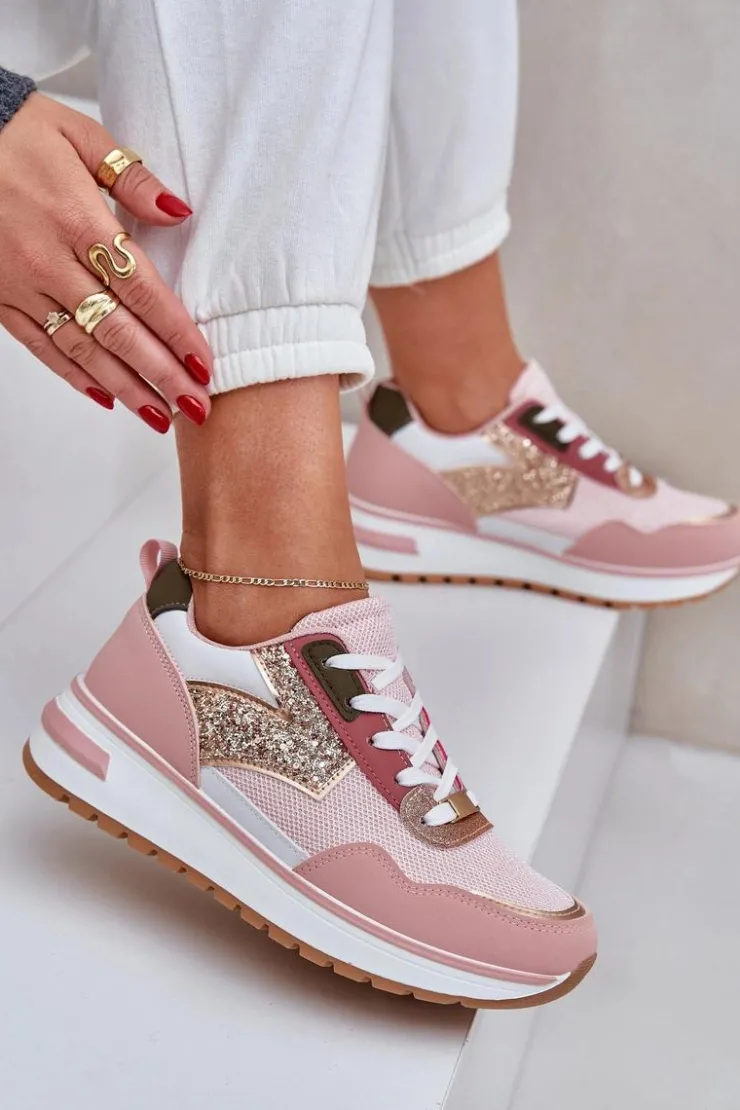 Boto Buty Sportowe Na Platformie|Sneakersy Damskie*Błyszczące Buty Sportowe Damskie Różowe Leesema