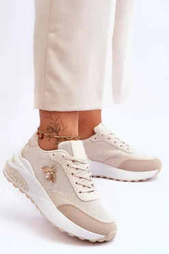 Boto Sneakersy Damskie*Błyszczące Buty Sportowe Z Ozdobą Beżowe Seneca
