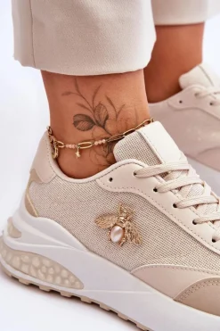 Boto Sneakersy Damskie*Błyszczące Buty Sportowe Z Ozdobą Beżowe Seneca