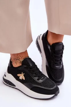 Damskie Boto Błyszczące Buty Sportowe Z Ozdobą Czarne Seneca