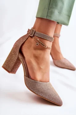 Boto Czółenka Na Słupku|Czółenka Klasyczne*Błyszczące Czółenka Na Słupku Ciemnozłote Amira