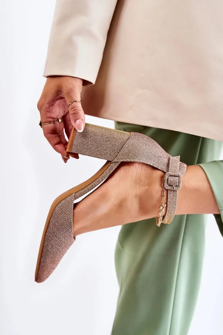 Boto Czółenka Na Słupku|Czółenka Klasyczne*Błyszczące Czółenka Na Słupku Ciemnozłote Amira