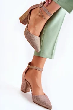 Boto Czółenka Na Słupku|Czółenka Klasyczne*Błyszczące Czółenka Na Słupku Ciemnozłote Amira