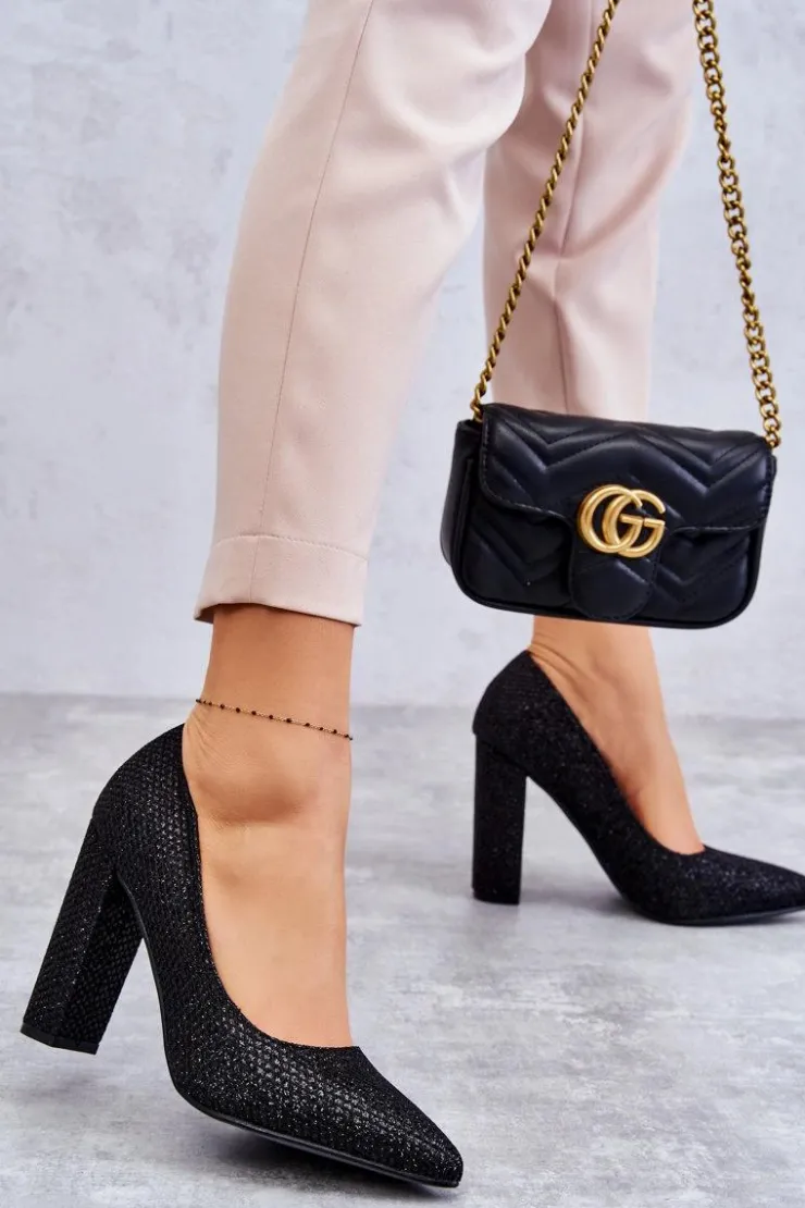 Damskie Boto Błyszczące Czółenka Na Słupku Czarne Elmira