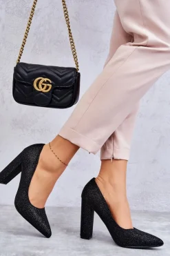 Damskie Boto Błyszczące Czółenka Na Słupku Czarne Elmira