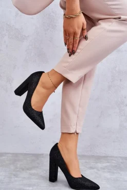 Damskie Boto Błyszczące Czółenka Na Słupku Czarne Elmira