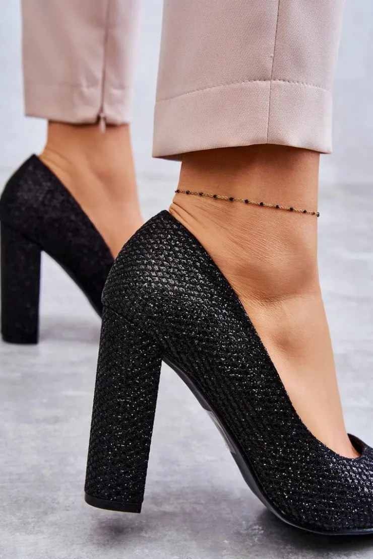 Damskie Boto Błyszczące Czółenka Na Słupku Czarne Elmira