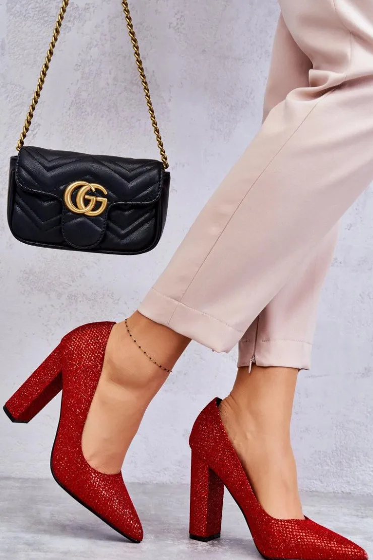 Boto Czółenka Na Słupku|Czółenka Klasyczne*Błyszczące Czółenka Na Słupku Czerwone Elmira Czerwony