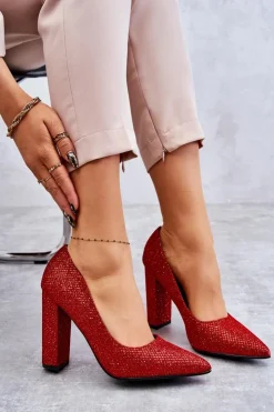 Boto Czółenka Na Słupku|Czółenka Klasyczne*Błyszczące Czółenka Na Słupku Czerwone Elmira Czerwony