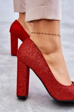 Boto Czółenka Na Słupku|Czółenka Klasyczne*Błyszczące Czółenka Na Słupku Czerwone Elmira Czerwony