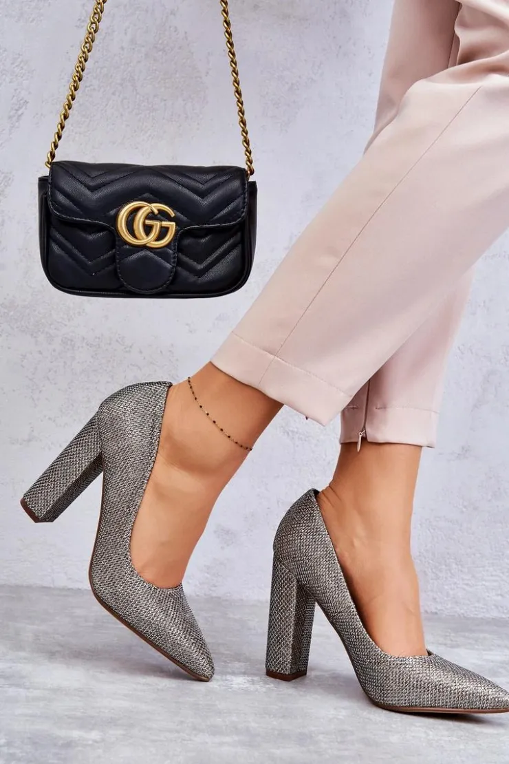 Sale Boto Błyszczące Czółenka Na Słupku Srebrno-Złote Elmira